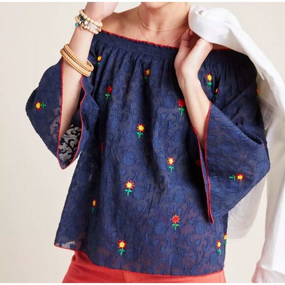 Anthropologie NWT Off the Shoulder Floral Blouse Size Small Embroidered Boho Top - Picture 1 of 10